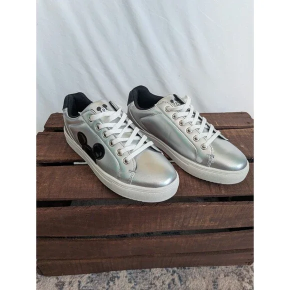 Disney Mickey Mouse Womens 10 Sneakers Silver with Mickey Ears Shoes Lace Up - Picture 2 of 9